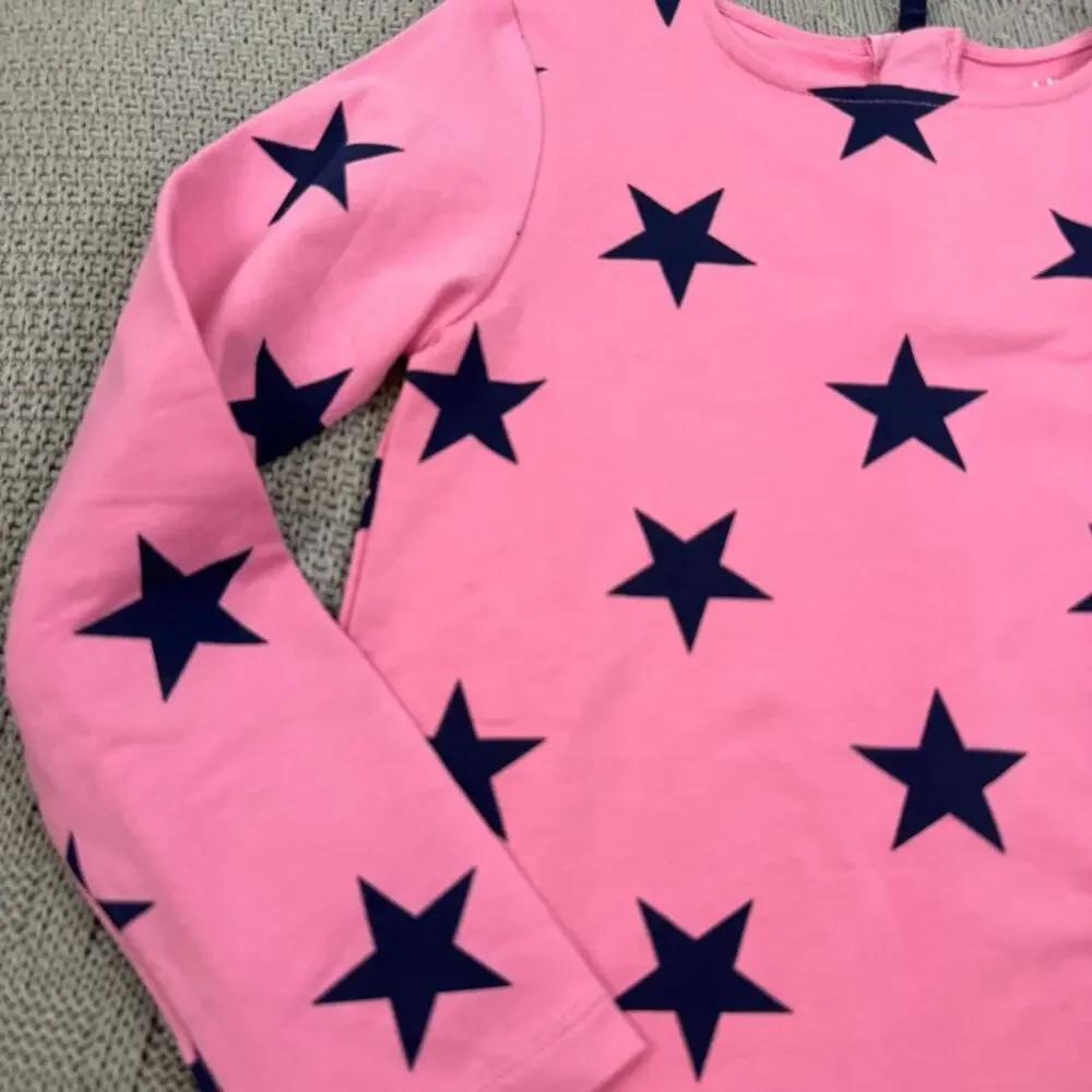 Primary Girls Long Sleeved Pink Dress with Navy Star Accents & Pockets 8/9